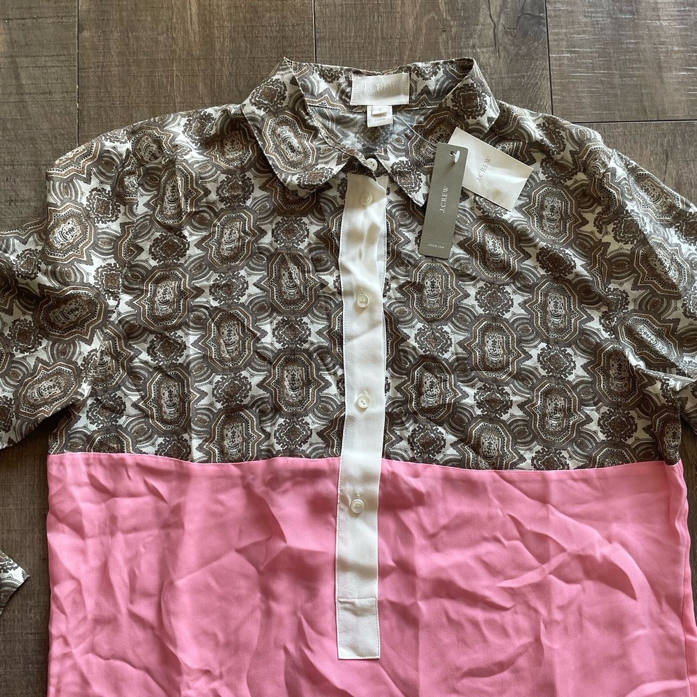 NWT J.Crew Collection Blouse Womens 4 Pink Summer Silk Paisley Colorblock Luxe - Picture 6 of 14
